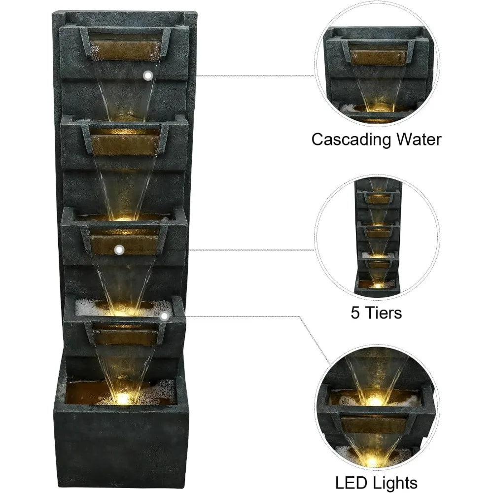 Modern 4-Tier Cascading Fountain with LED Lights - 39.3 Tall Outdoor/Indoor Water Feature for Garden