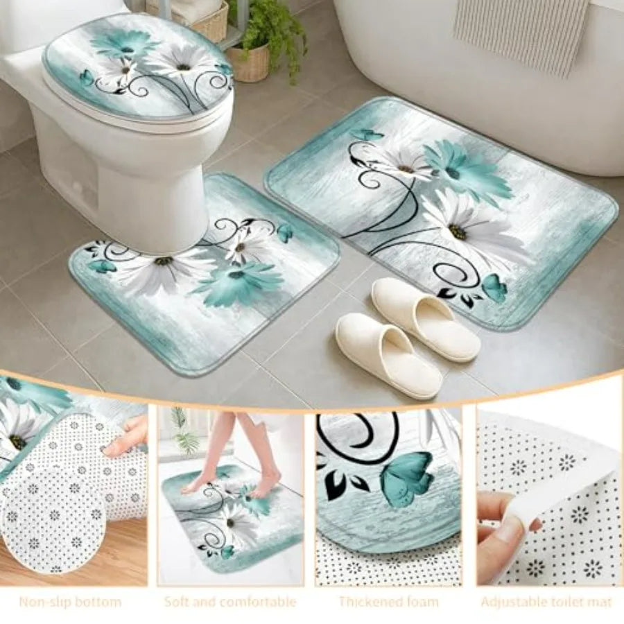 5Pcs Teal Daisy Shower Curtain Set with Bathroom Wall Art Decor Painting Shower Curtain and Rugs Ideal for Bathroom Decoration