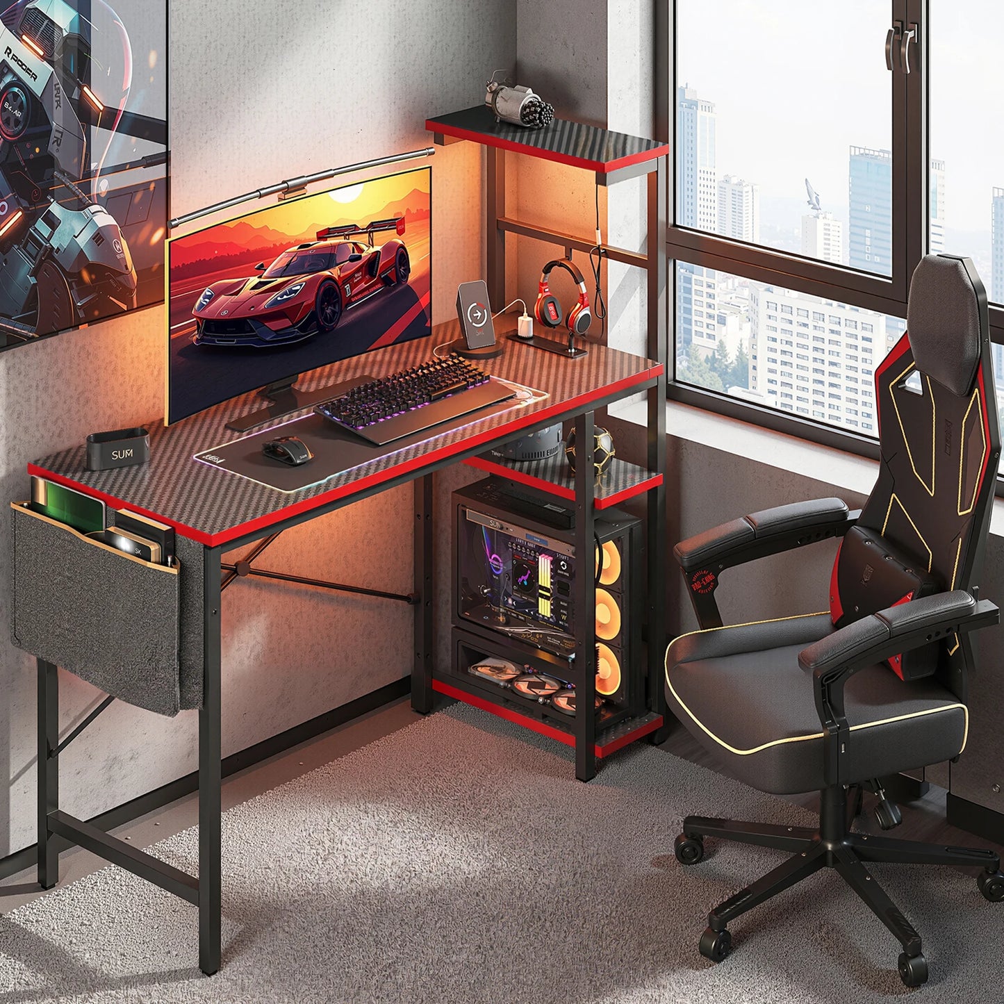 NOST&HOST 44 Inch LED Gaming Computer Desk for Small Spaces, Home Office Desk with Reversible Shelves & Side Bag, Black 3D Carbon Fiber