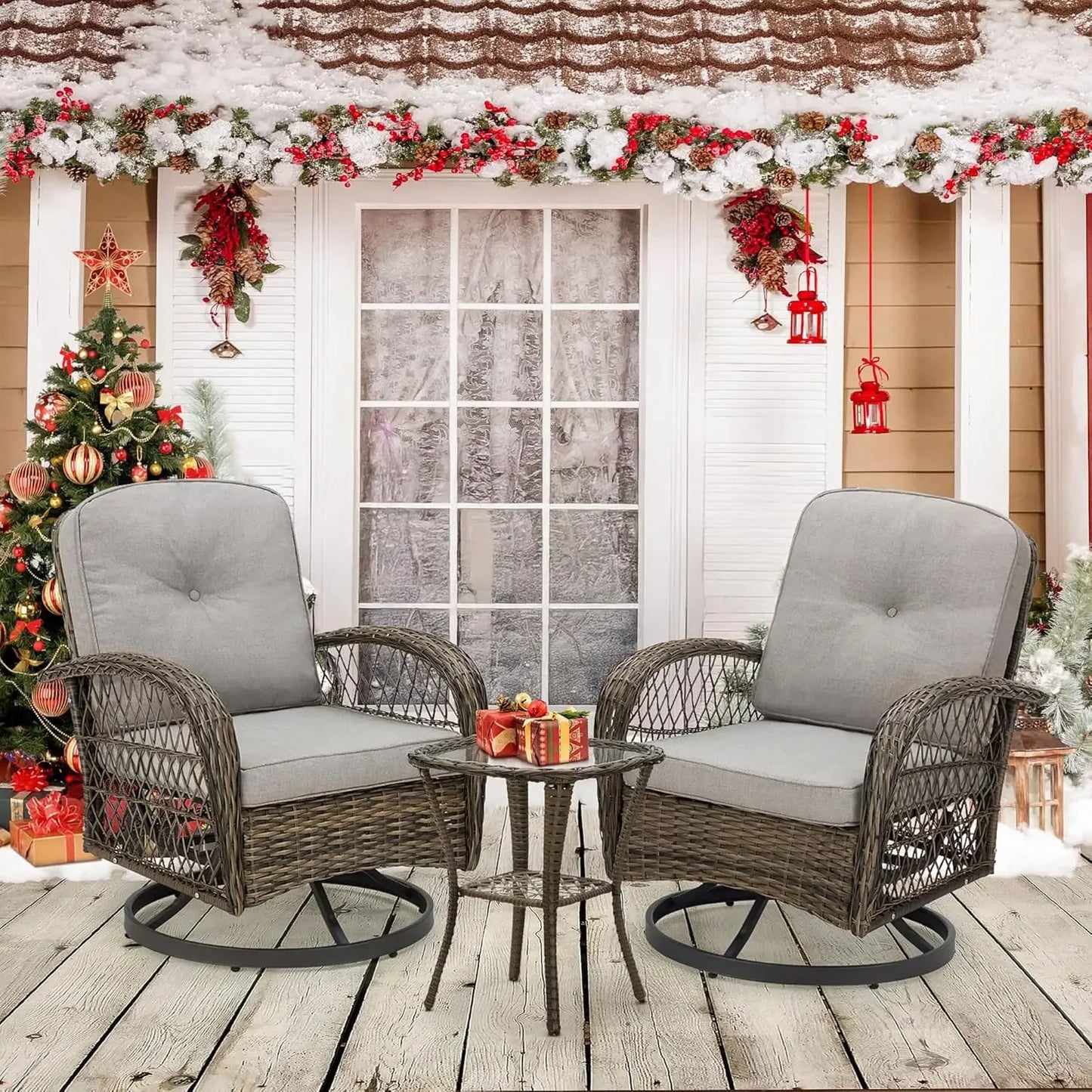3 Pieces Outdoor Swivel Rocker Patio Chairs, with Glass Coffee Table, 360 Degree Rocking Patio Conversation Set