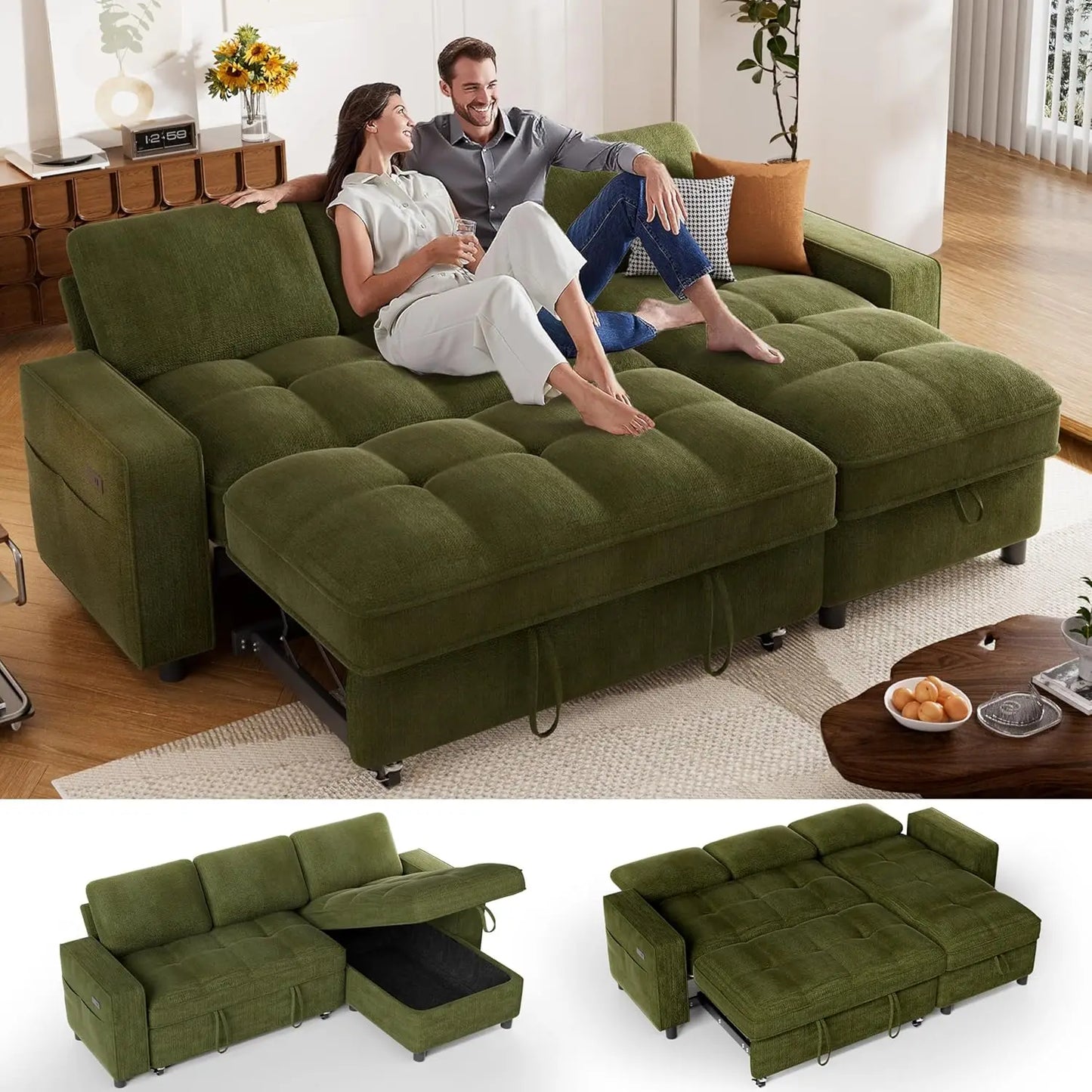 L Shaped Chenille Sleeper Sofa Pull Out Bed Reversible Storage Chaise USB Port Side Pocket Tool-Free Assembly 81" Customized