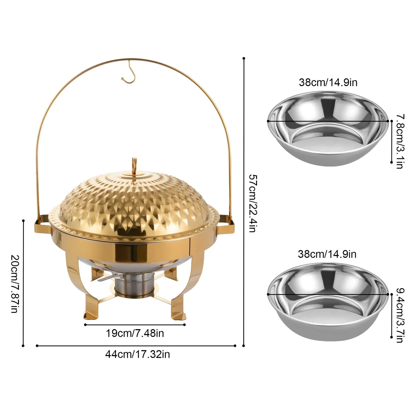 8.5Qt /8L Chafing Dishes for Buffet Stainless Steel Round Buffet Chafer, Gold Hanging Lid Dining Stove, Buffet Server