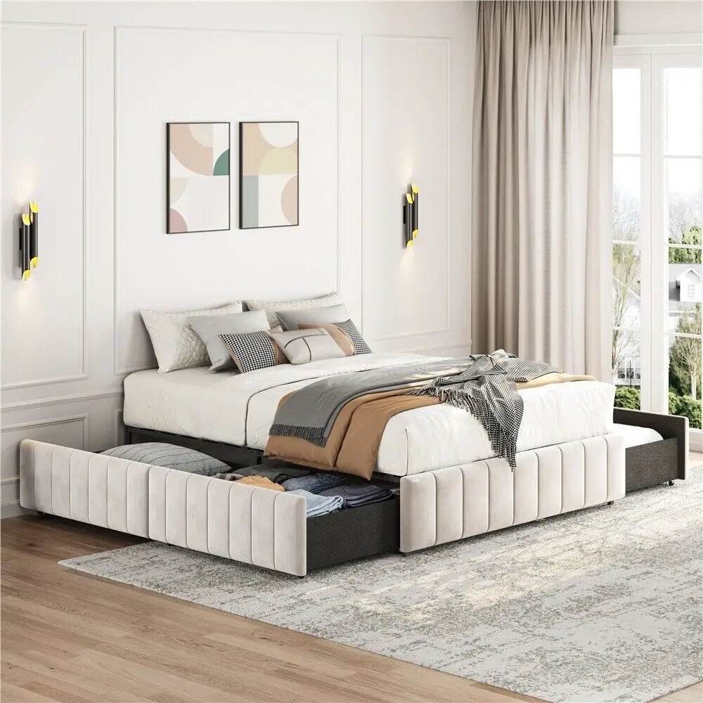 Bed with Underbed 4 Storage Drawers, Large Storage Space，Full/Queen