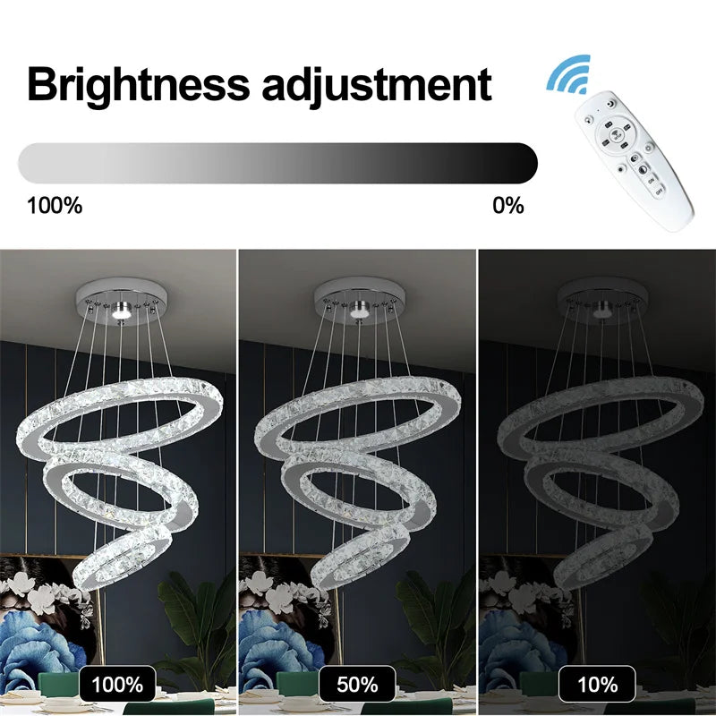 Modern Crystal Rings Led Chandelier Indoor Luxury Ceiling Lamp Dimming And Remote Control Pendan Lighting Chrome Lustre Fixtures