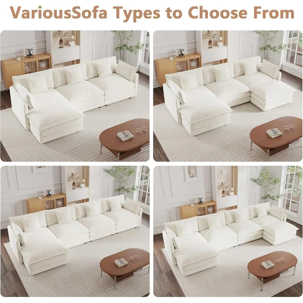 146.5 L-Shaped 4-Seat Chenille Couch Set with Ottoman, Beige, Comfortable Living Room Furniture