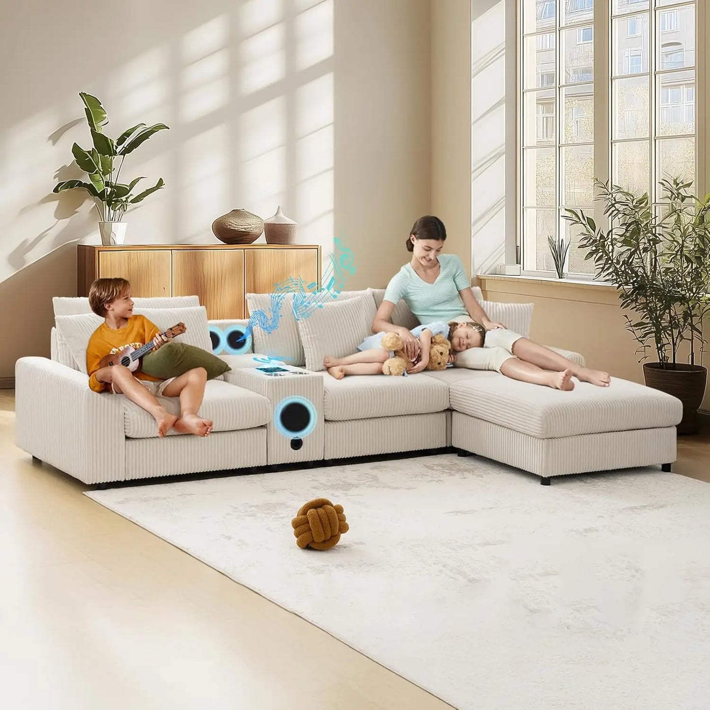 Corduroy L-Shaped Sectional Sofa 114' with Bluetooth Speakers & USB Charging Comfy Reclining Couch with Ottoman And Cup Holders