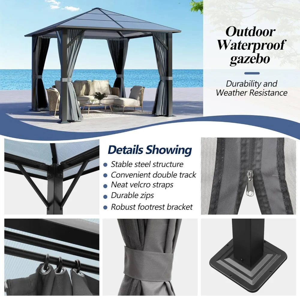 10'x10' Hardtop Gazebo with Polycarbonate Roof, Waterproof Outdoor Canopy, Steel Frame, Curtains & Netting for Backyard Garden
