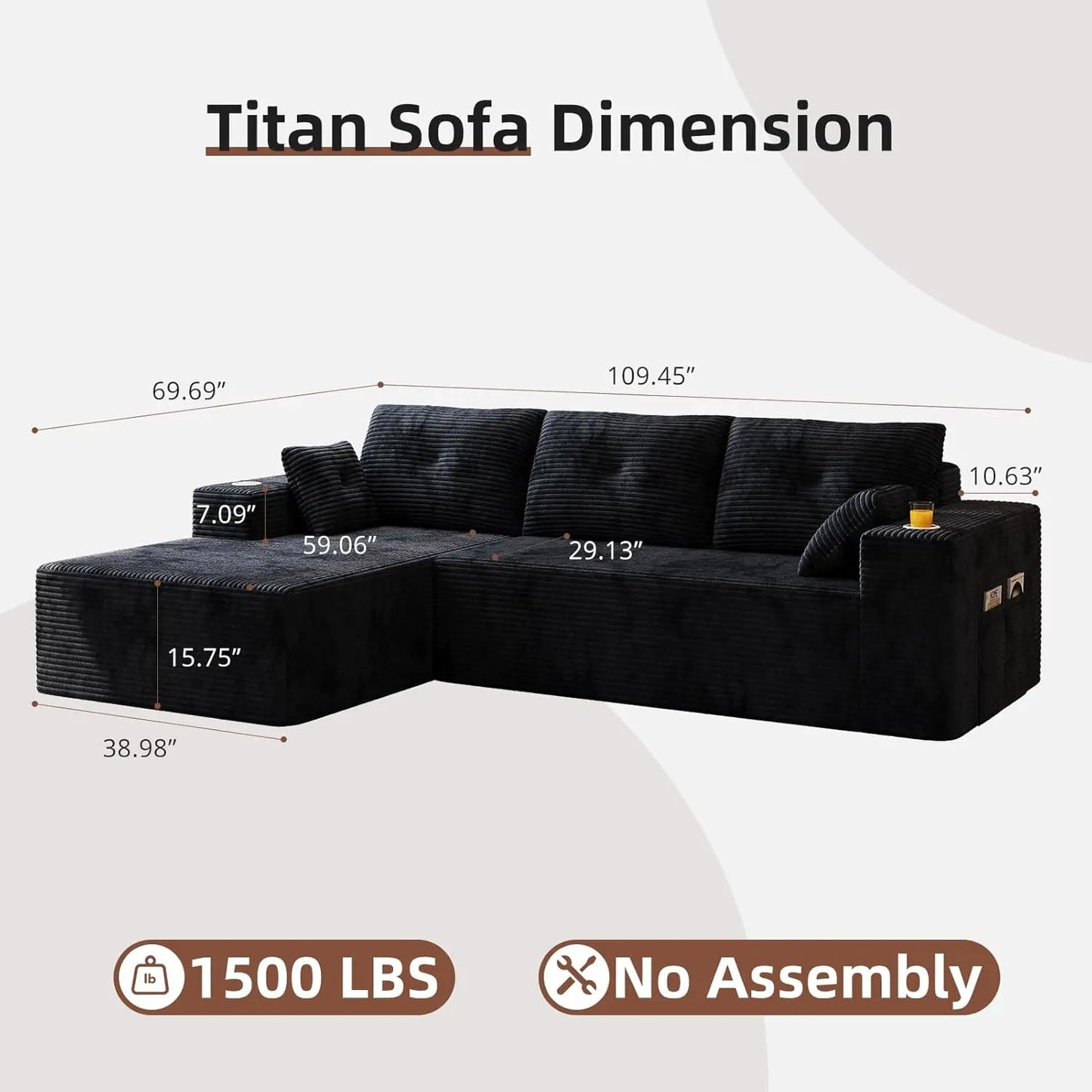 109" Boneless Couches for Living Room, Modular Sectional Sofa with Oversized Chaise, L-Shape Cloud Couch with Deep, Customized