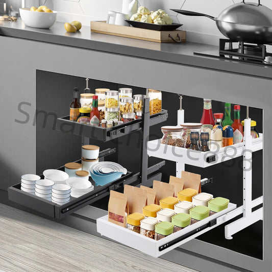 Pull-Out Pantry Organizer Multi-Tier Under Sink Sliding Cabinet Basket for Spices Utensil Organizer Blank/White