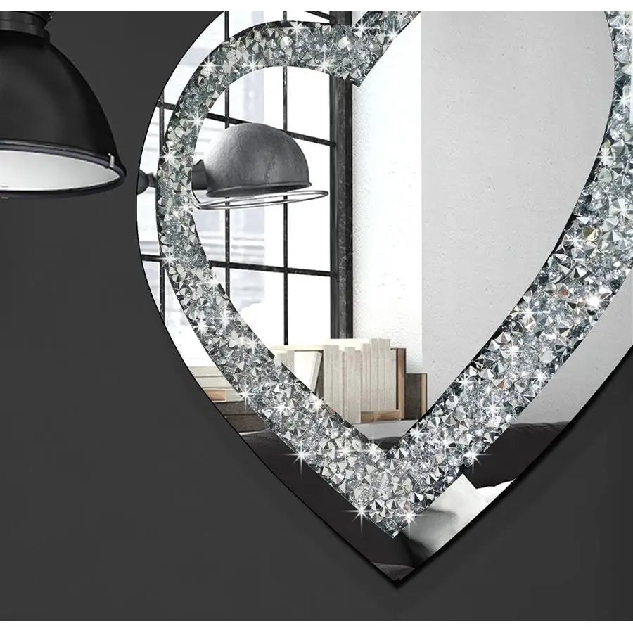 Crystal Crush Diamond Heart Shaped Silver Mirror for Wall Decoration 20x20x1 inch Wall Hang Frameless Mirror Acrylic Diamond Dec