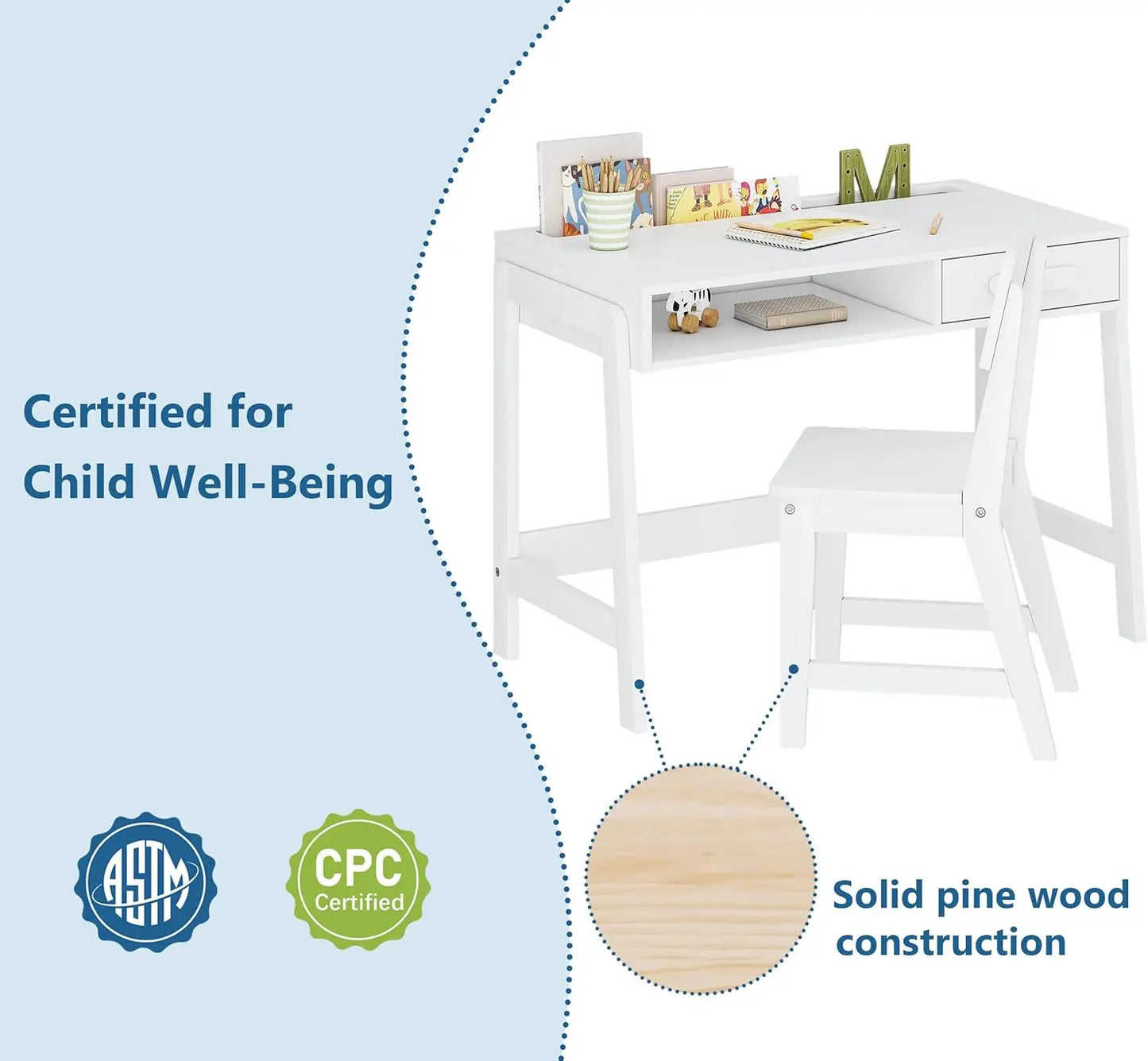 Kids Wooden Desk and Chair Set with Drawers, Study Table for Children's Bedroom & Study Room