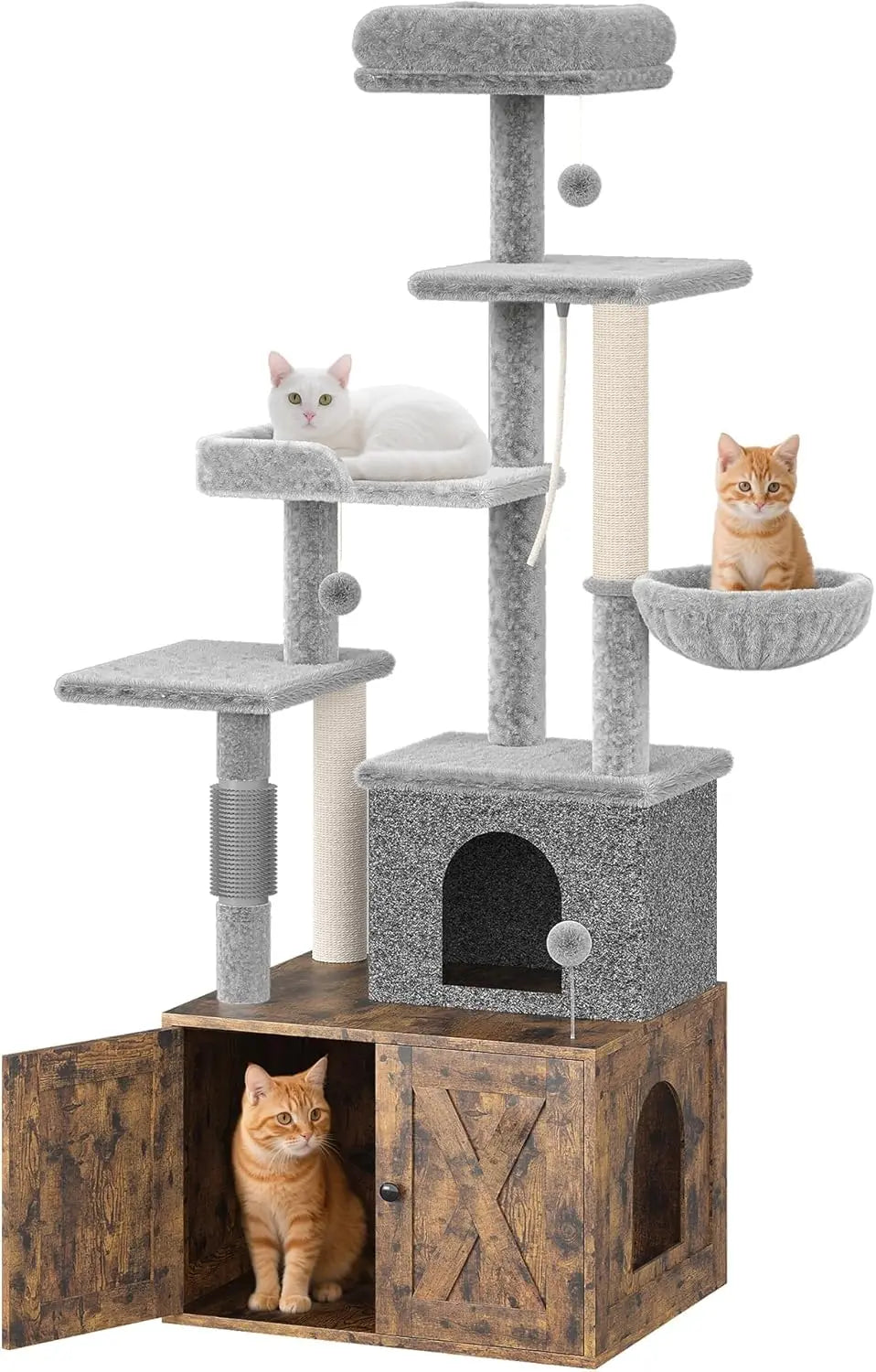 Cat Tree with Litter Box Enclosure Large, Multilevel Cat Play House with Large Condo, Spacious Hammock, Cozy Top Perch,Scratching Post and Dangling Balls,Wooden Cat Furniture for Indoor Cats,Brown