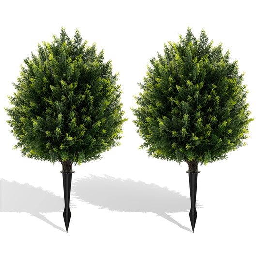 2 Pack 24" Artificial Cypress Topiary Ball Tree Set w/ Ground Spike Decoration