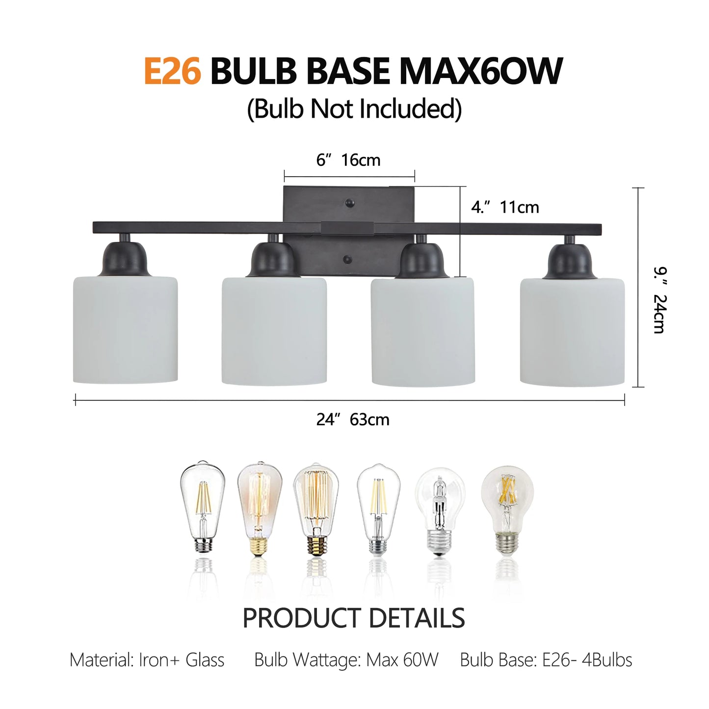 4-Light Bathroom Light Fixtures Over Mirror, Modern Matte Black Vanity Lights with White Frosted Glass Shade for Mirror Bedroom