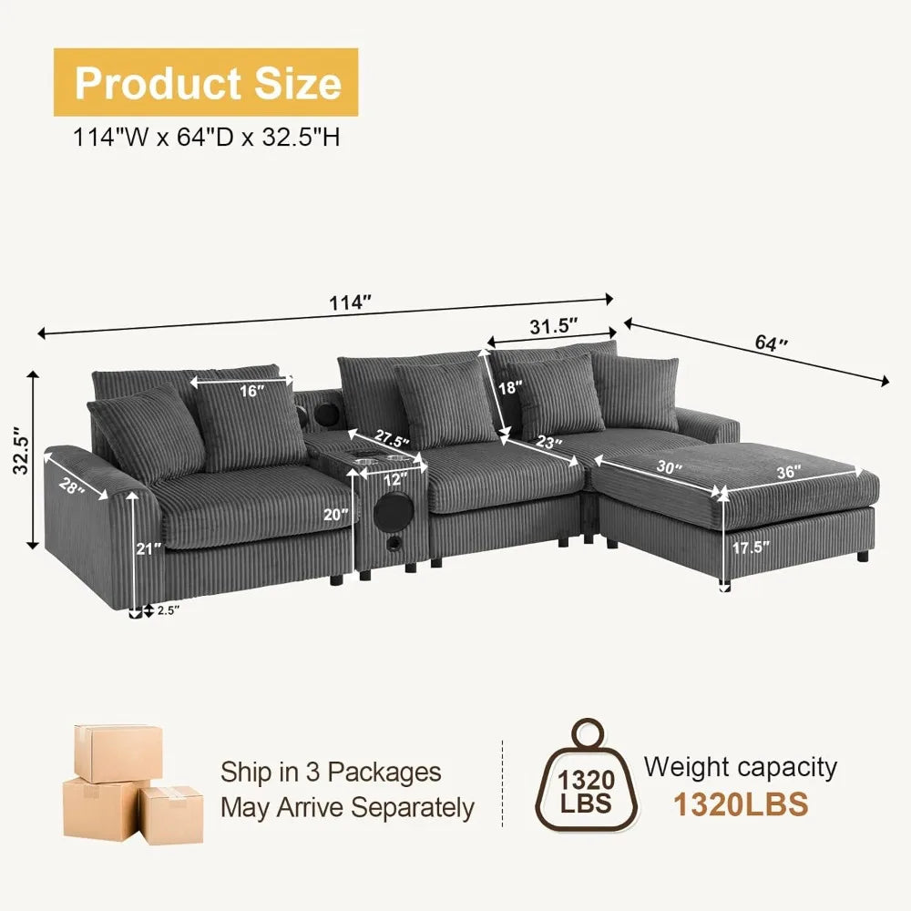 Corduroy L-Shaped Sectional Sofa 114' with Bluetooth Speakers & USB Charging Comfy Reclining Couch with Ottoman And Cup Holders