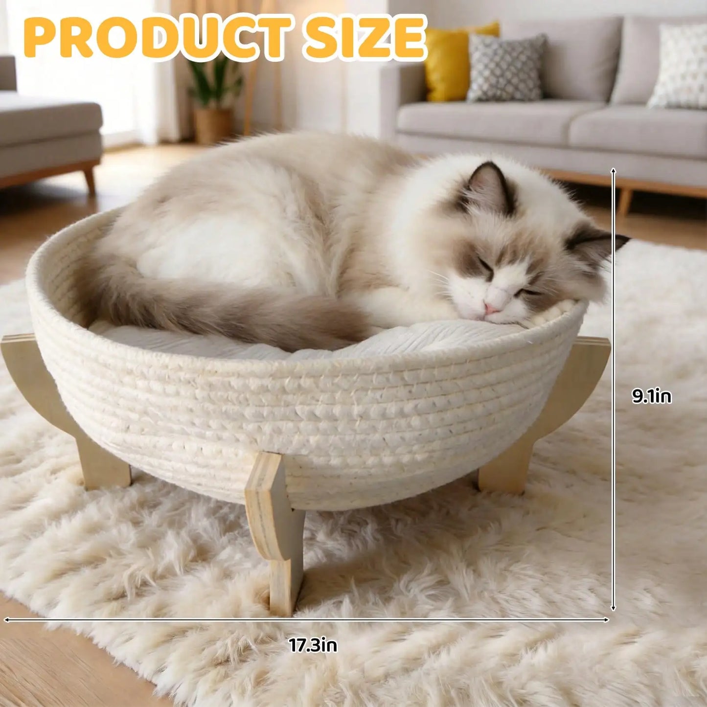 Raised Wooden Cat Bed Sofa with Fluffy Cushion, Elevated Pet Couch Lounge Chair for Indoor Cats, Puppies and Small Pets