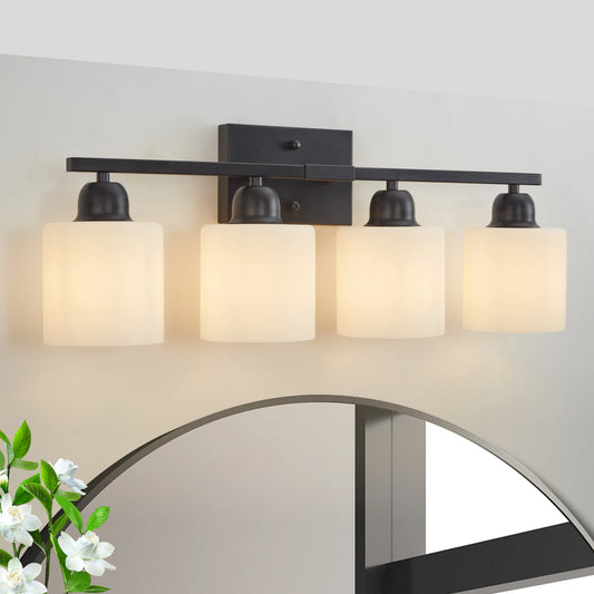 4-Light Bathroom Light Fixtures Over Mirror, Modern Matte Black Vanity Lights with White Frosted Glass Shade for Mirror Bedroom