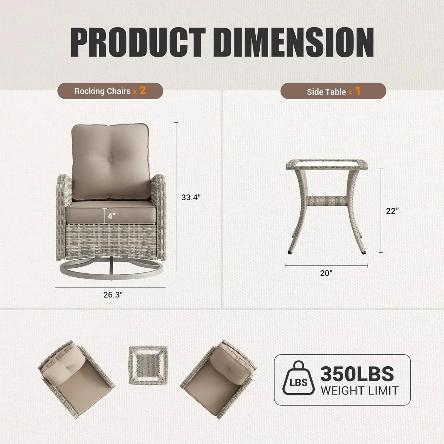 Patio Rocking Swivel Chair Outdoor Wicker Rattan Bistro Set with Tempered Glass Side Table, and Balcony, Beige