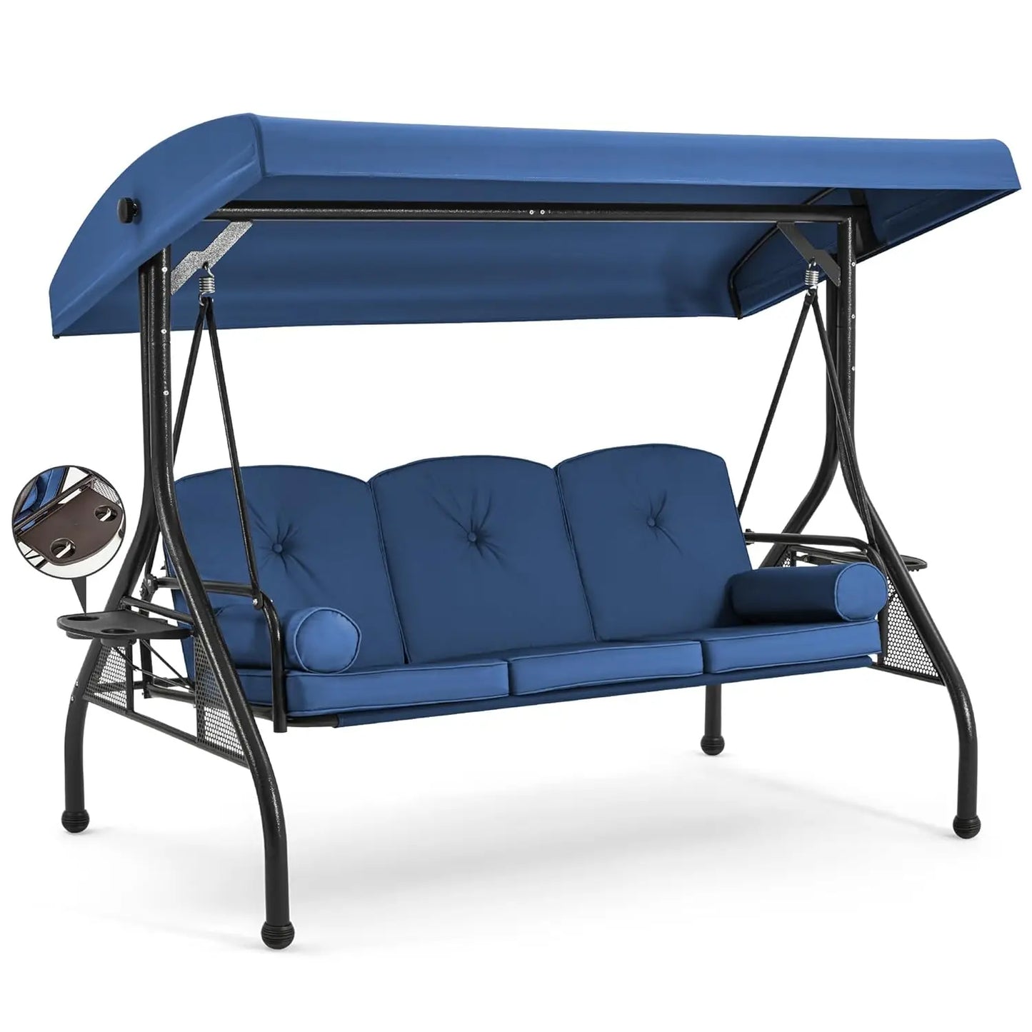 3 Seat Outdoor Porch Swing Bed Adjustable Canopy Convertible Patio Glider Cup Holder Cushions Pillow Backyard Customized