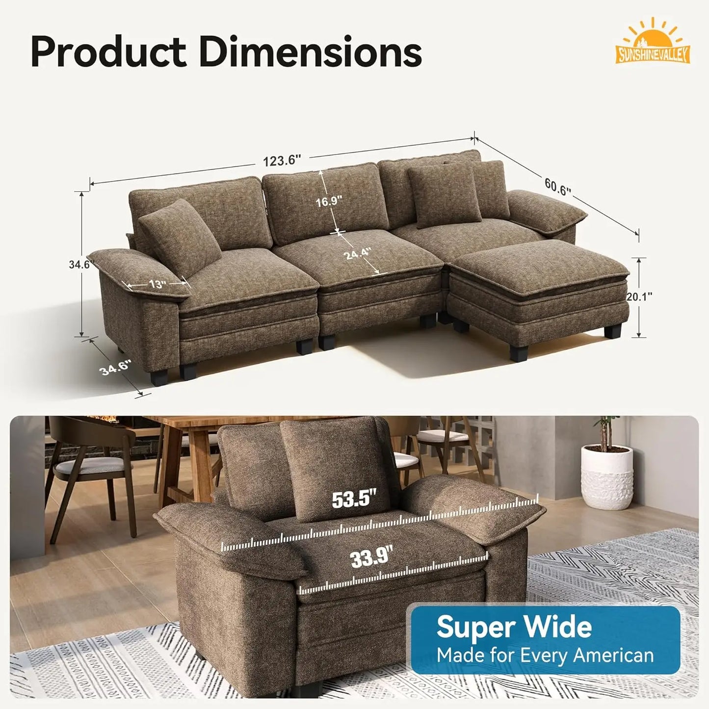 L Shaped Modular Cloud Couch, 123.6'' Comfy Chenille Sectional Sofa with Wider Armrest and Ottoman, Upholstered, Customized