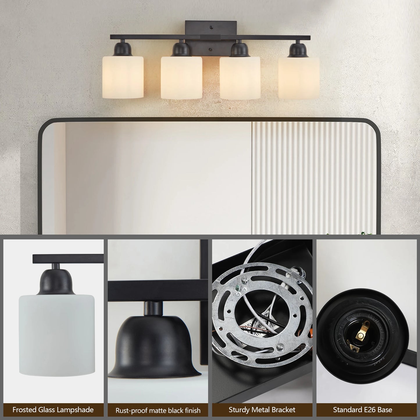 4-Light Bathroom Light Fixtures Over Mirror, Modern Matte Black Vanity Lights with White Frosted Glass Shade for Mirror Bedroom