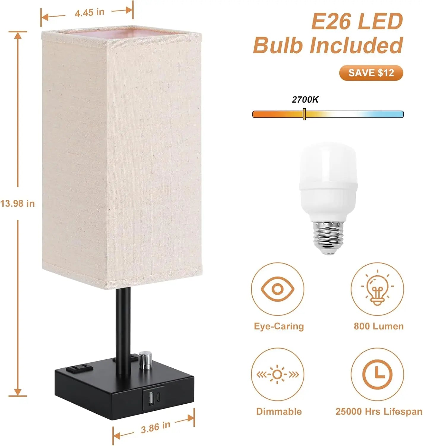 Fully Dimmable Nightstand Lamps Set of 2 with USB C+A Charging Ports & AC Outlets, Linen Shade for Bedroom Living Room
