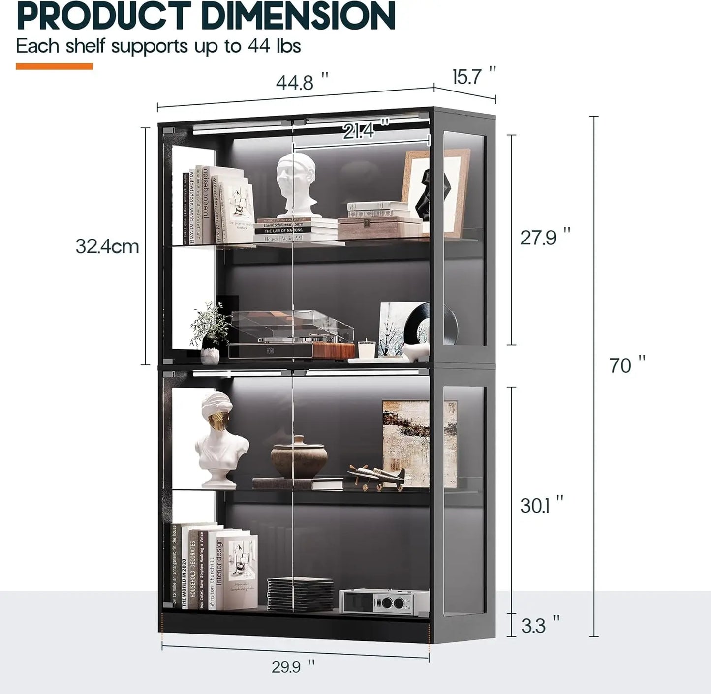 70 Inch High 45 Inch Wide 16 Inch Deep Black 4 Tier RGB LED Lighted Glass Door Display Cabinet With Adjustable Shelves