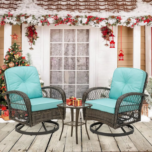 3 Pieces Outdoor Swivel Rocker Patio Chairs, with Glass Coffee Table, 360 Degree Rocking Patio Conversation Set