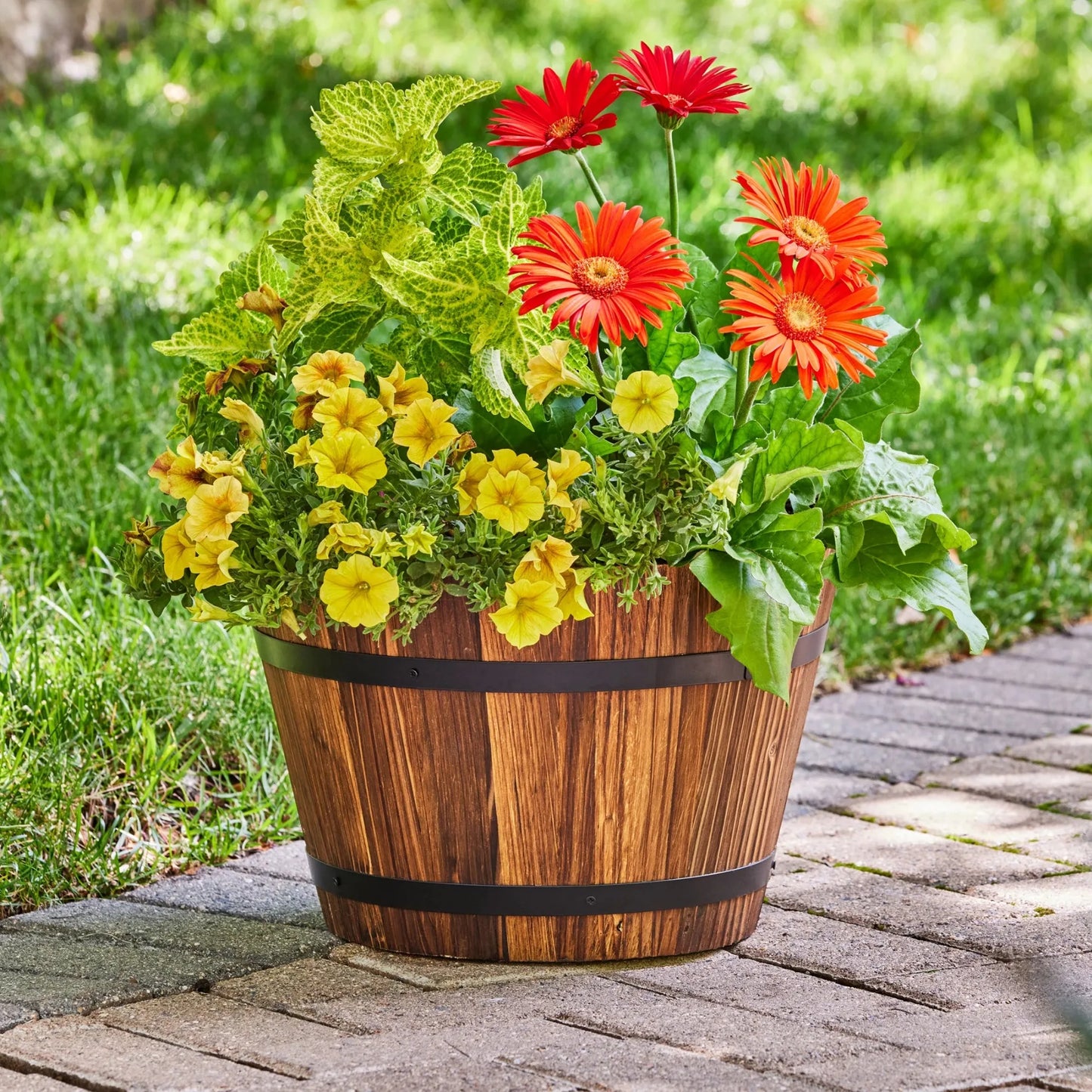 26 in Wood Whiskey Barrel Planter, 26" Dia x 15.8" H.