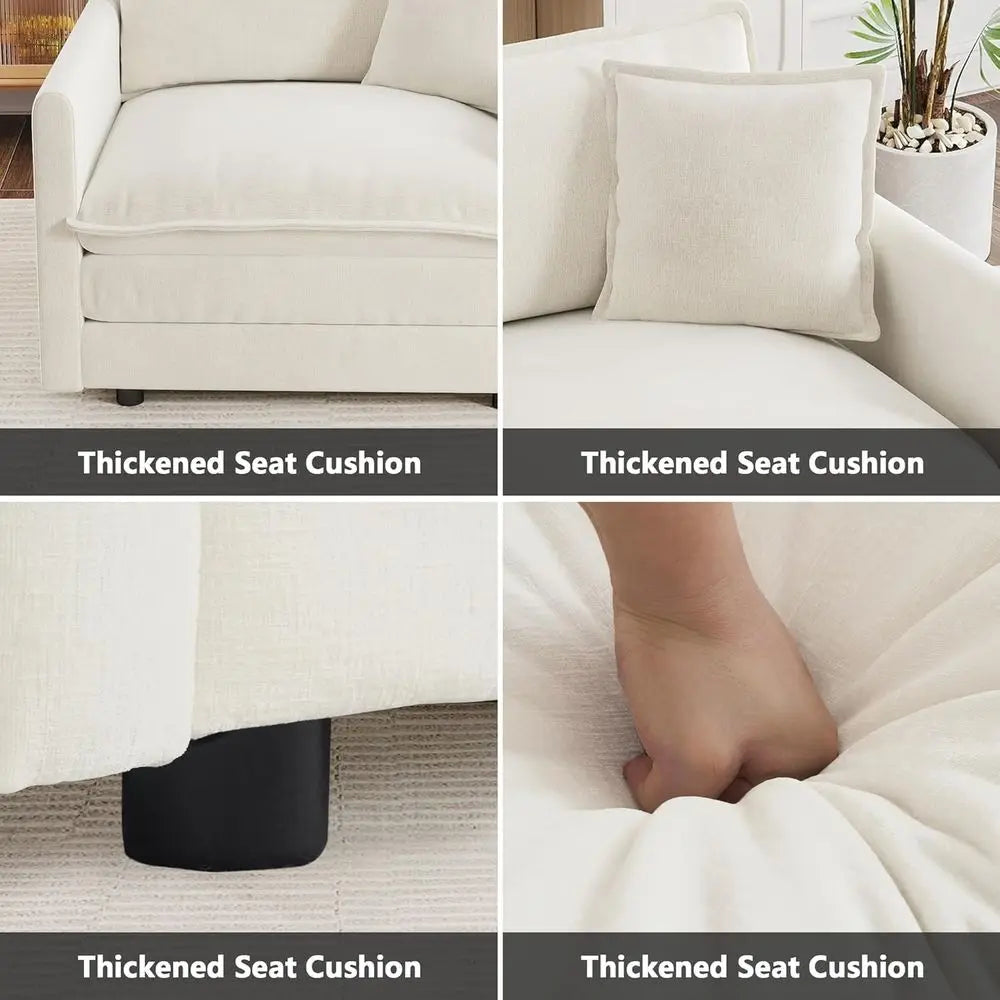 146.5 L-Shaped 4-Seat Chenille Couch Set with Ottoman, Beige, Comfortable Living Room Furniture