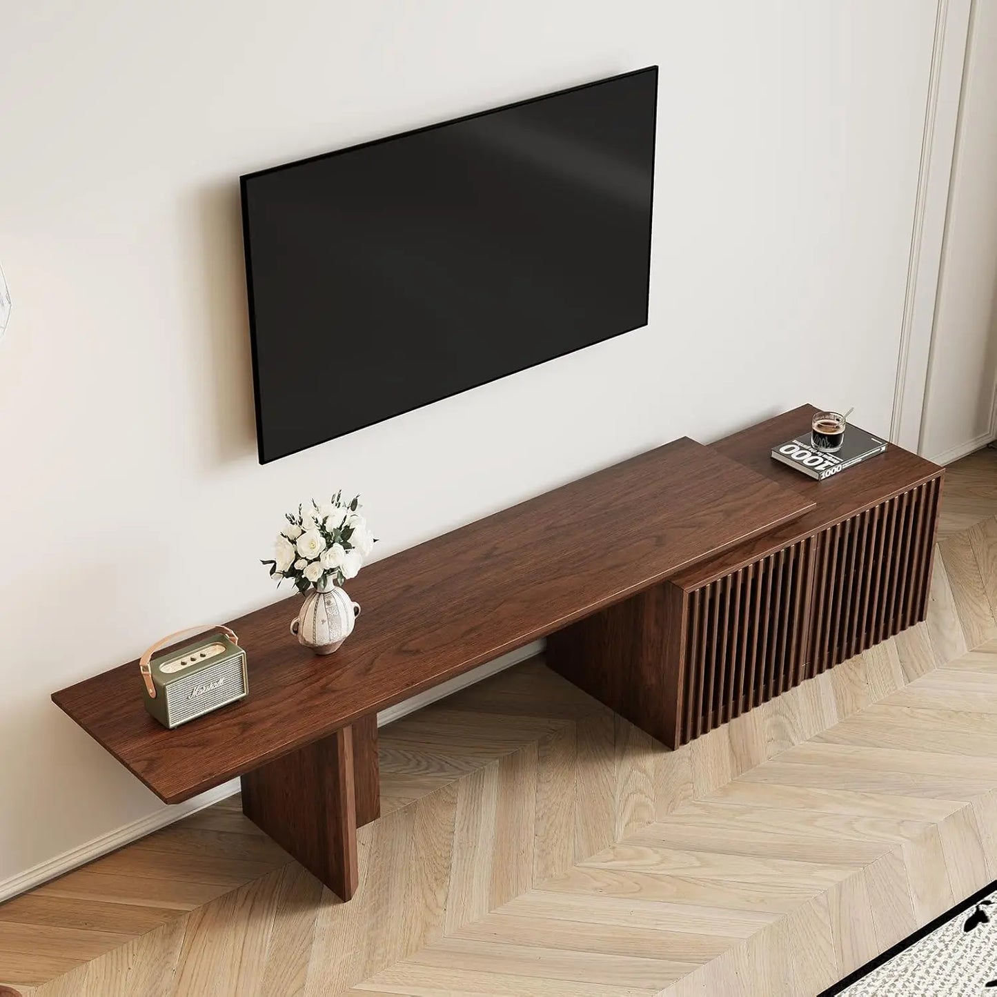 Extendable TV Stand Media Console Cabinet Storage Walnut 55-84 Inch Living Room Bedroom Customized