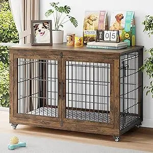 Dog Crate Furniture with Cushion Set of 2, Wooden Dog Kennel Indoor with Double Doors, Dog Cage with Wheels, House Side End