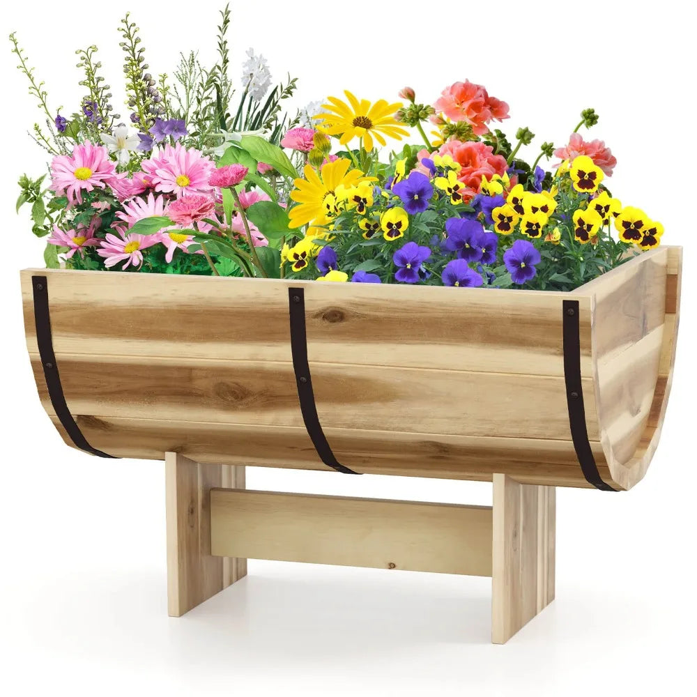 Outdoor Wooden Planter Solid Acacia Wood Half-Barrel Planter Box w/ Legs