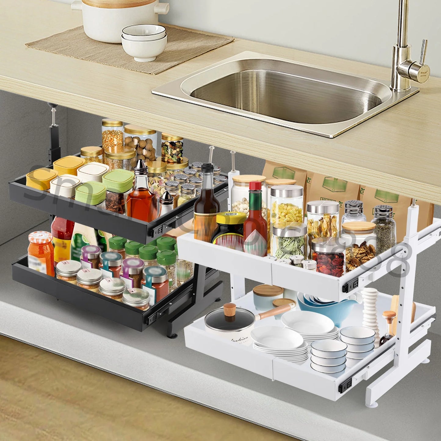 Pull-Out Pantry Organizer Multi-Tier Under Sink Sliding Cabinet Basket for Spices Utensil Organizer Blank/White