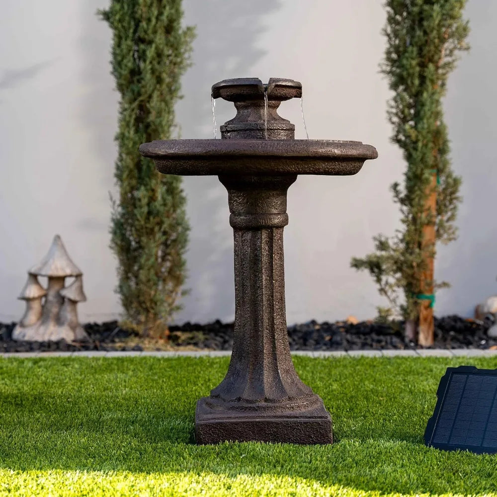28 Solar-Powered Outdoor Birdbath Fountain – Large Brown Resin Water Fountain with Solar Panel for Lawn and Garden Decor