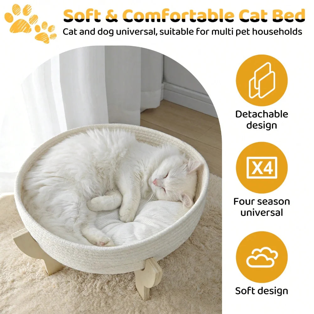 Raised Wooden Cat Bed Sofa with Fluffy Cushion, Elevated Pet Couch Lounge Chair for Indoor Cats, Puppies and Small Pets
