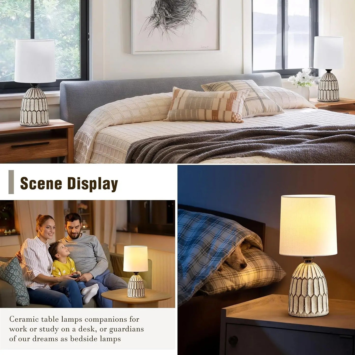 Set of 2 Farmhouse Ceramic Table Lamps, 13.5" Hand-Painted Boho Style for Bedroom Living Room Office Nightstand