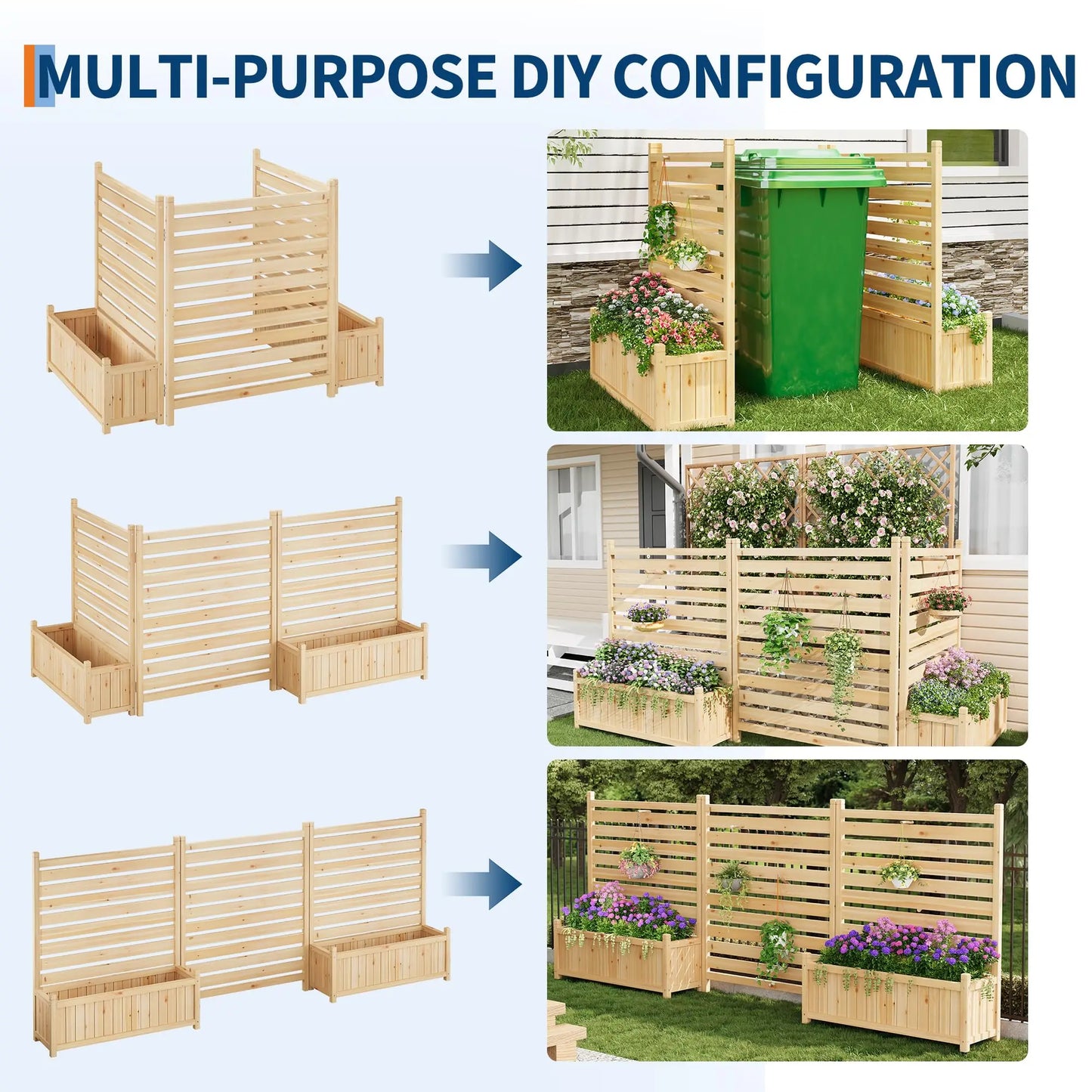 Planter with Trellis, Wooden Raised Bed, Outdoor Planter Box Privacy Fence Panels for Patio Balcony Trash Can to Grow Vegetables