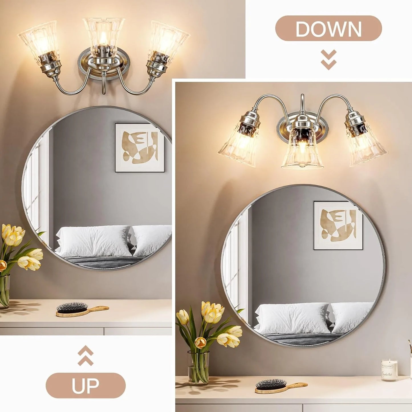 3-Light Bathroom Light Fixtures, Modern Wall Lights w/ Glass Shades for Bathroom