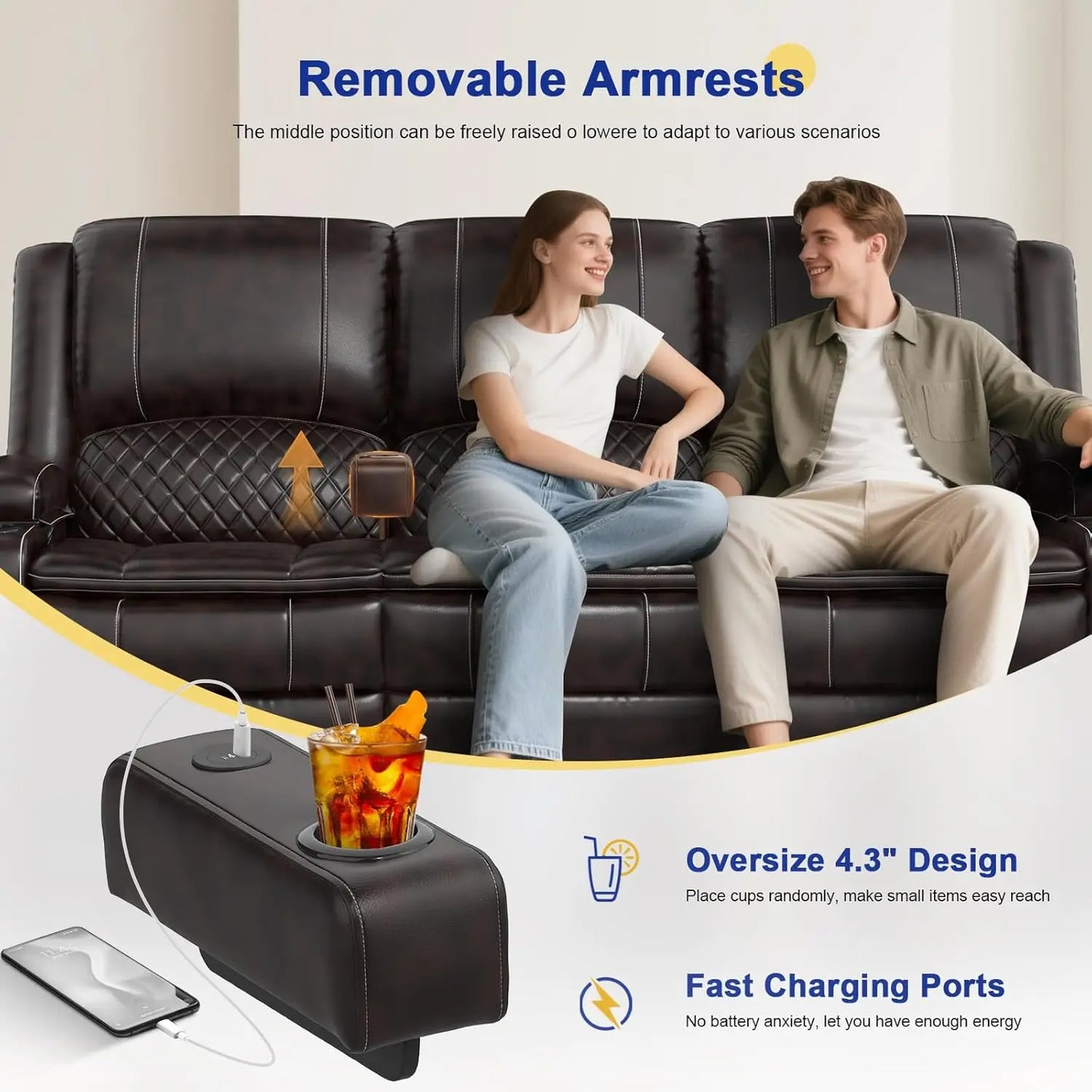 3 Seat Recliner Sofa with Console, Armrest, PU Leather, Cup Holders, USB Ports, Living Room/RV, Customized