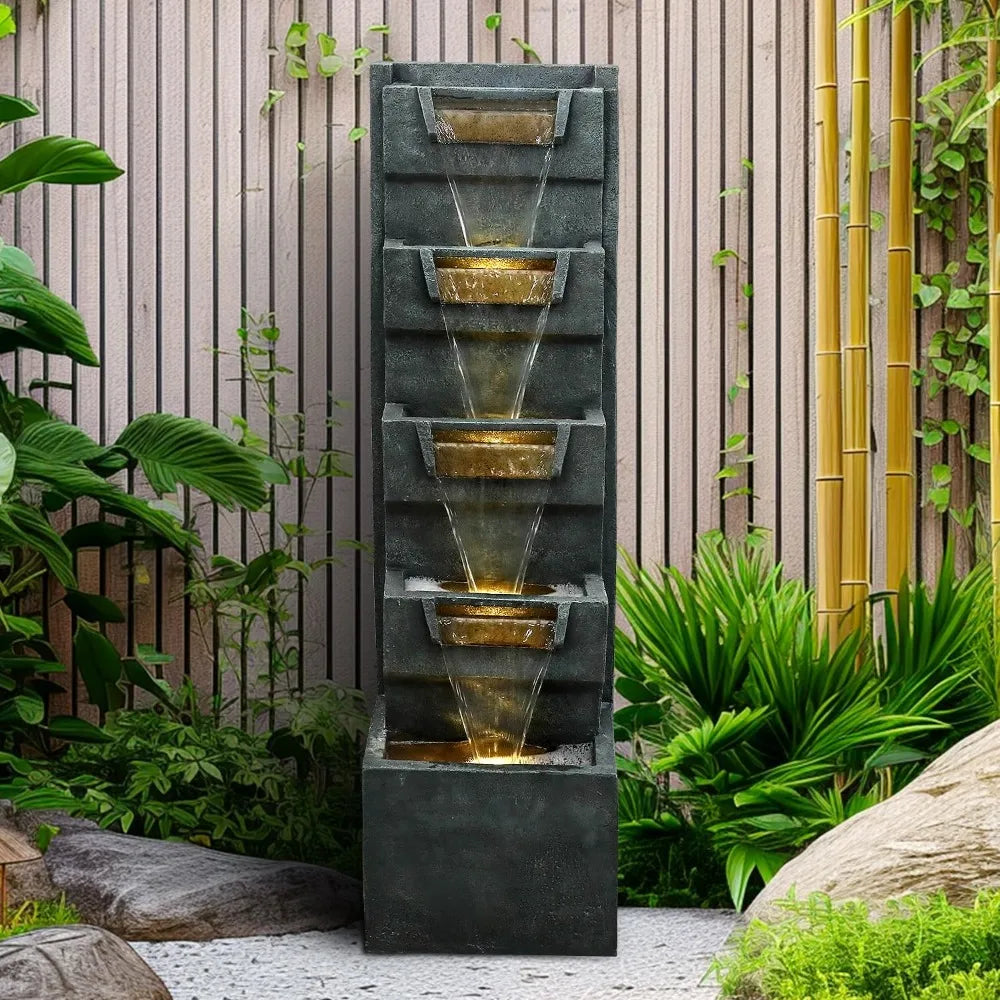 Modern 4-Tier Cascading Fountain with LED Lights - 39.3 Tall Outdoor/Indoor Water Feature for Garden