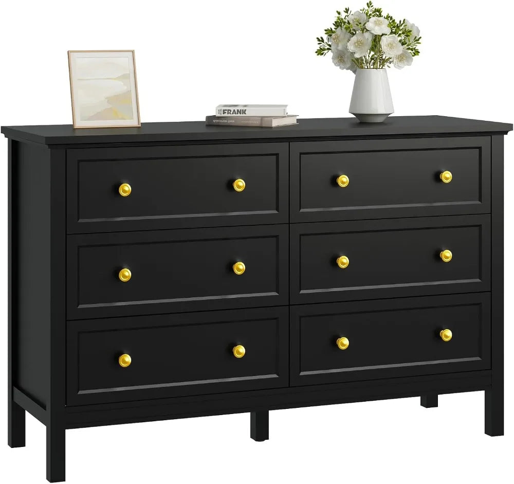 Black Dresser for Bedroom, 6 Drawer Dresser with Wide Drawer and Metal Handles, Wood Dressers & Chests of Drawers for Hallway