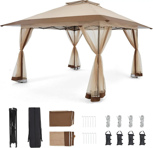 13x13 Pop Up Gazebo with Mosquito Netting – Easy 1-Person Setup, Water-Resistant Backyard Canopy for Family Patio & Garden Use,K