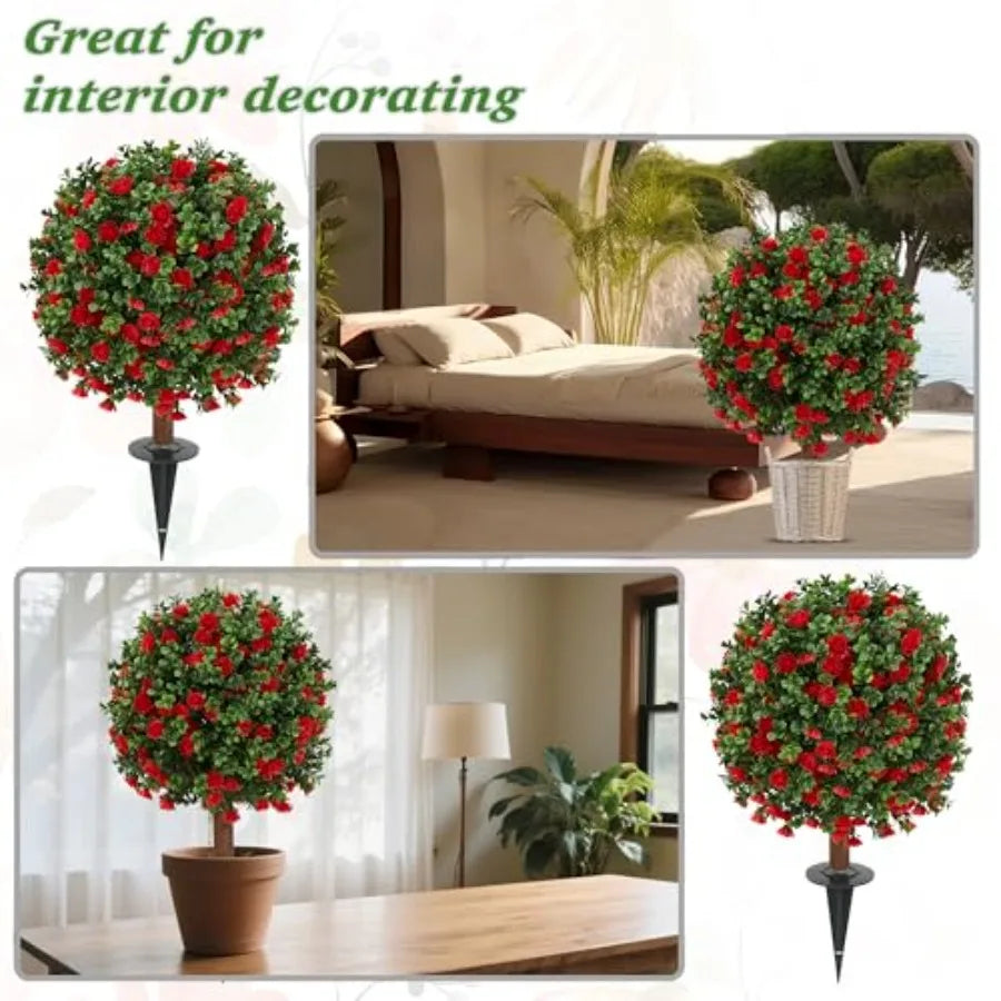 2 Pack 23.6 Artificial Flowering Topiary Tree Realistic Fake Plants with Ground Spike UV Resistant for Outdoor Indoor Porch Gar