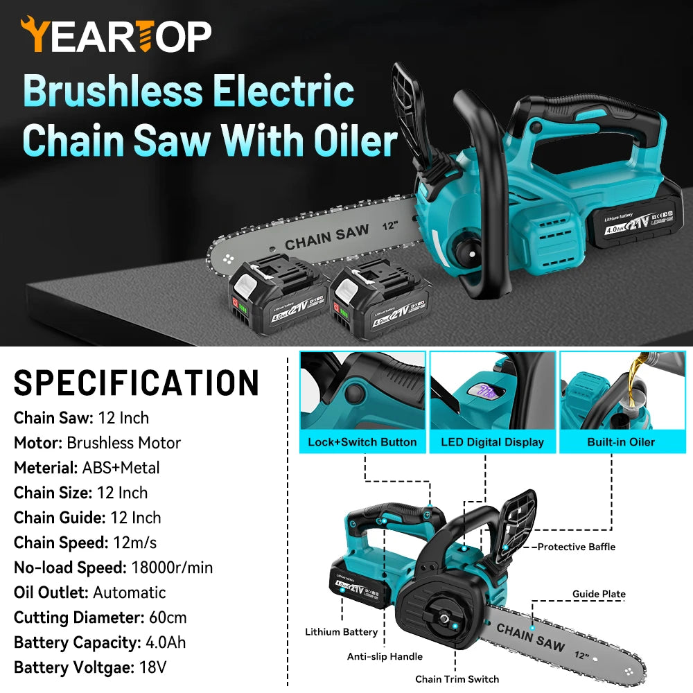 YEARTOP 12 Inch Brushless Electric Chainsaw LED Display Cordless Garden Woodworking Chain Saw Power Tool For Makita 18V Battery