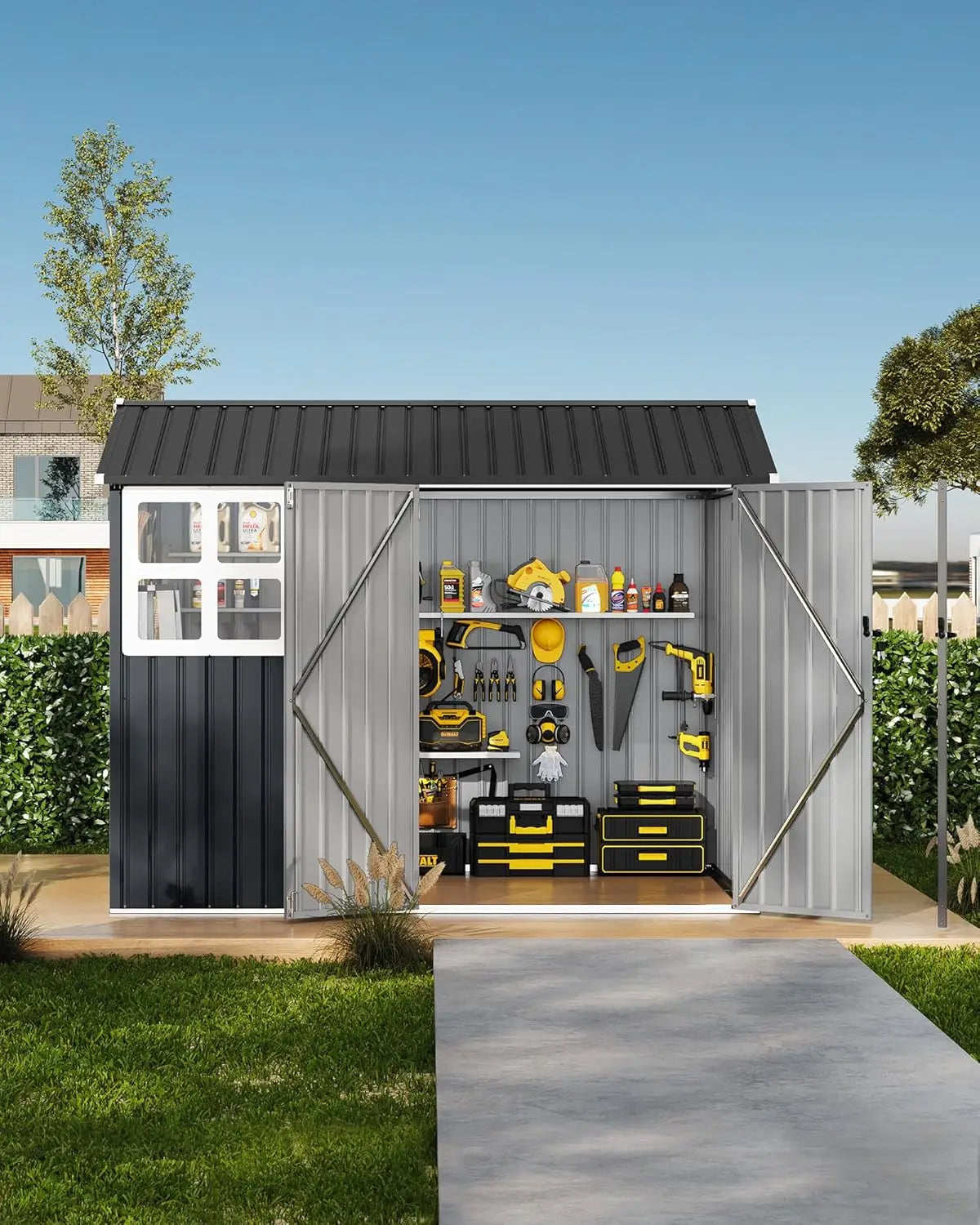 6x8 Ft Metal Outdoor Storage Shed Garden Tool Shelter with Updated Frame Structure Lockable Doors & Windows Ideal Customized Sol