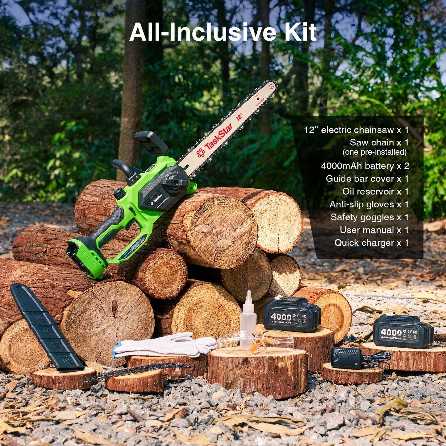 TaskStar 12-inch Brushless Electric Chainsaw Woodworking Cutting Garden Tool Cordless Electric Saw with 2 Rechargeable Batteries