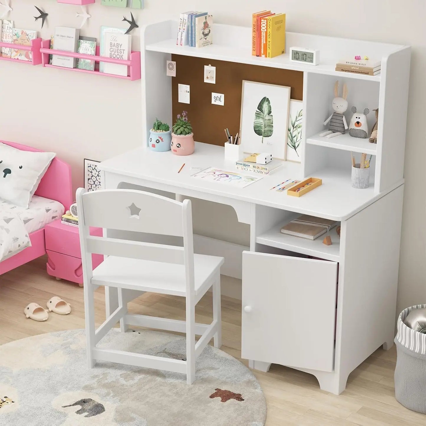 Kids Study Desk and Chair Set Wooden Student Writing Desk with Hutch & Storage Cabinet,Computer Workstation for Bedroom