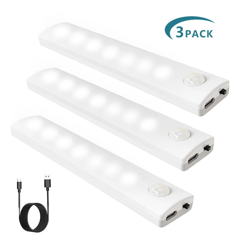 3PACK motion sensor LED cabinet lighting, USB charging magnetic installation, applied to kitchen and closet, white