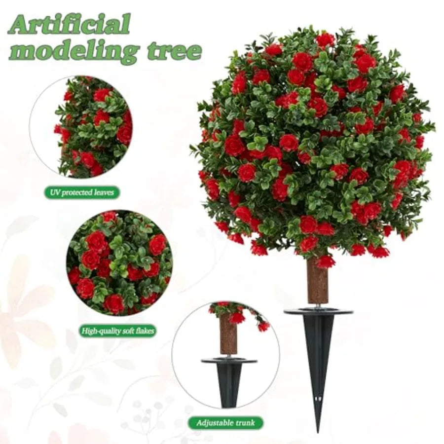2 Pack 23.6 Artificial Flowering Topiary Tree Realistic Fake Plants with Ground Spike UV Resistant for Outdoor Indoor Porch Gar